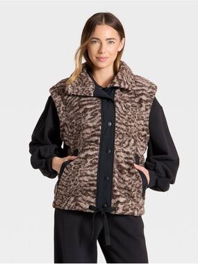 JoyLab Women's High Pile Sherpa Lodge Vest, Brown/Black Animal Print, Sz M, NWT